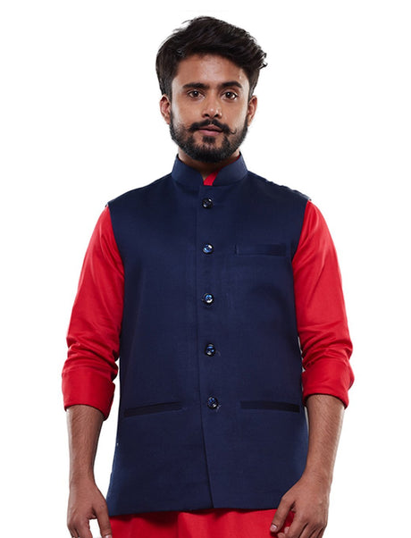 Ethniqndia Men's Blue Cotton Blend Waist Coat