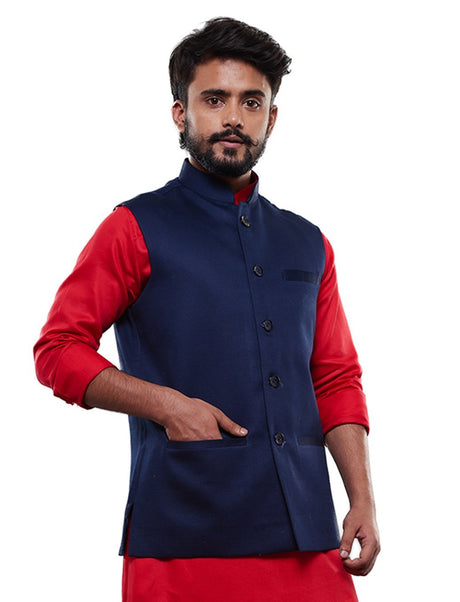 Ethniqndia Men's Blue Cotton Blend Waist Coat