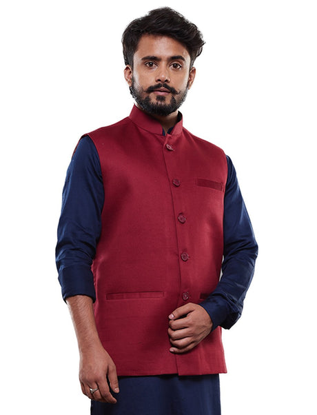 Men's Maroon Cotton Blend Nehru Jacket