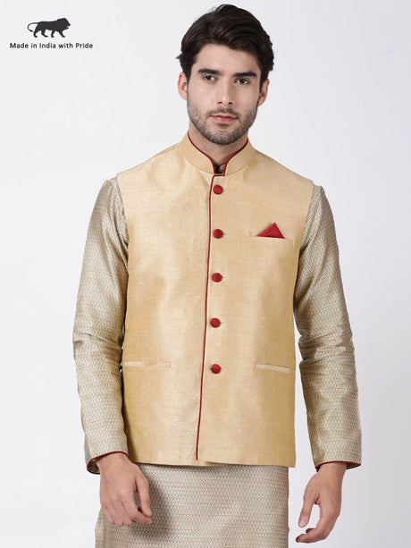 Ethniqndia Men's Beige Cotton Silk Blend Ethnic Jacket