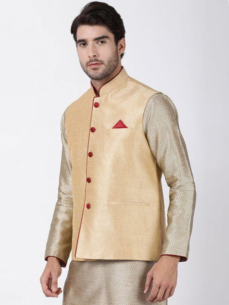 Ethniqndia Men's Beige Cotton Silk Blend Ethnic Jacket