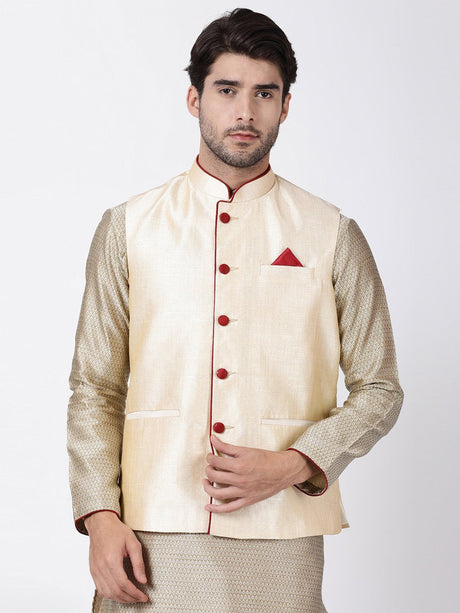 Ethniqndia Men's Cream Cotton Silk Blend Ethnic Jacket