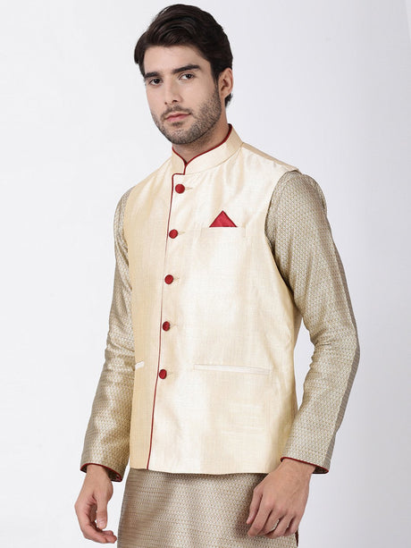 Ethniqndia Men's Cream Cotton Silk Blend Ethnic Jacket