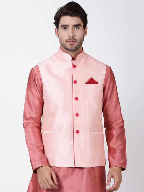 Ethniqndia Men's Pink Cotton Silk Blend Ethnic Jacket