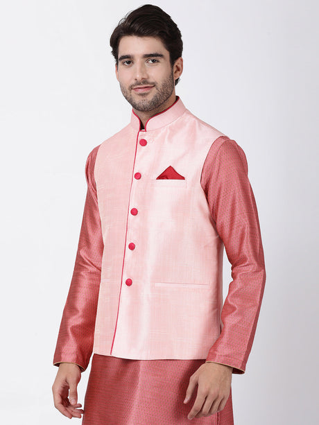 Ethniqndia Men's Pink Cotton Silk Blend Ethnic Jacket