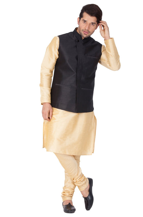 Men's Gold Cotton Silk Blend Kurta, Ethnic Jacket and Pyjama Set