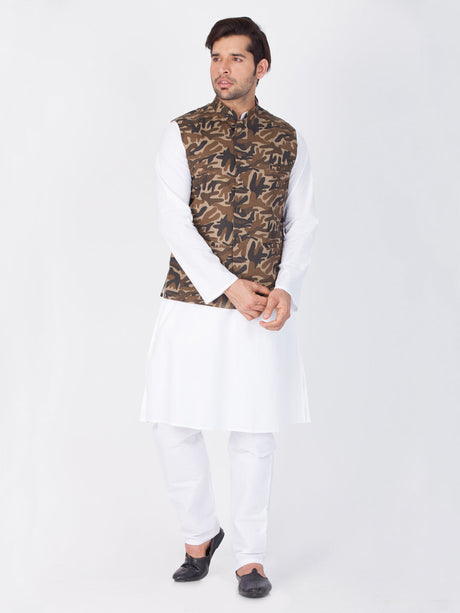 Men's White Cotton Blend Kurta, Ethnic Jacket and Pyjama Set