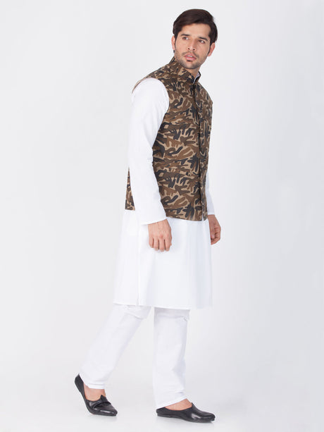 Men's White Cotton Blend Kurta, Ethnic Jacket and Pyjama Set