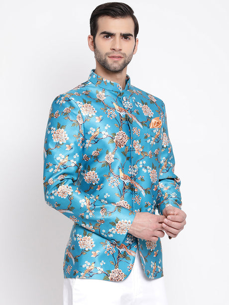 Ethniqndia Men's Turquoise Silk Blend Jodhpuri