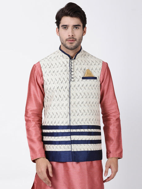 Ethniqndia Men's White Cotton Silk Blend Ethnic Jacket