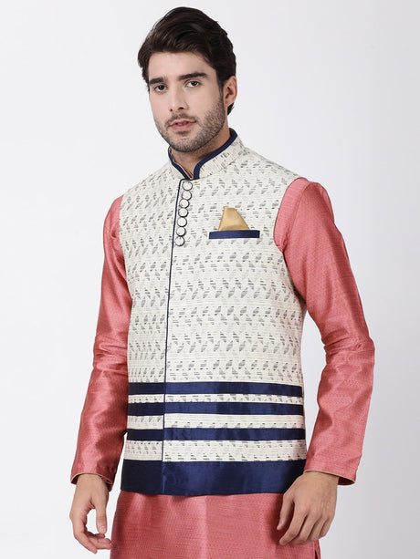 Ethniqndia Men's White Cotton Silk Blend Ethnic Jacket