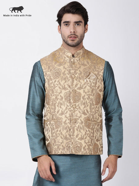 Ethniqndia Men's Beige Cotton Silk Blend Ethnic Jacket