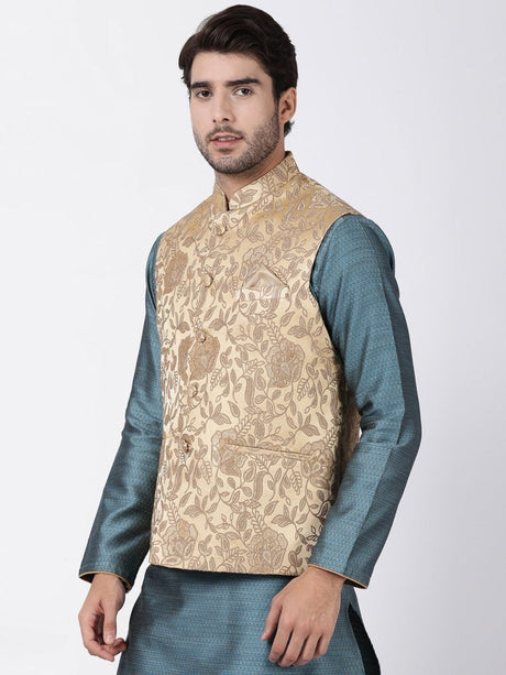 Ethniqndia Men's Beige Cotton Silk Blend Ethnic Jacket