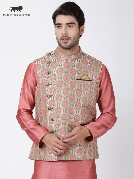 Ethniqndia Men's Beige Cotton Silk Blend Ethnic Jacket