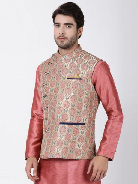 Ethniqndia Men's Beige Cotton Silk Blend Ethnic Jacket