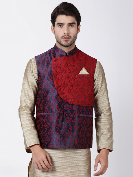 Ethniqndia Men's Dark Blue and Maroon Cotton Silk Blend Ethnic Jacket