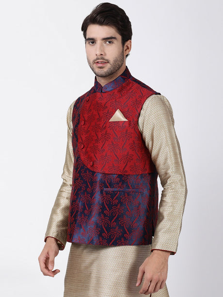 Ethniqndia Men's Dark Blue and Maroon Cotton Silk Blend Ethnic Jacket