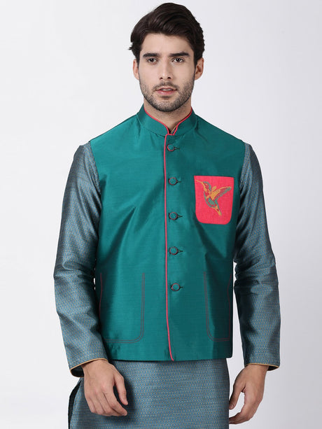 Ethniqndia Men's Green Cotton Silk Blend Ethnic Jacket