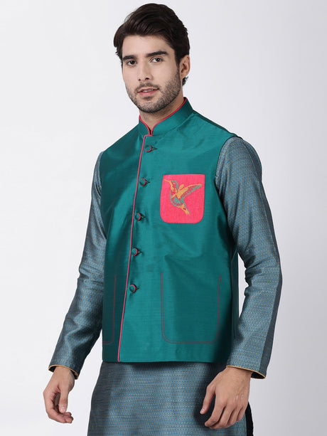 Ethniqndia Men's Green Cotton Silk Blend Ethnic Jacket