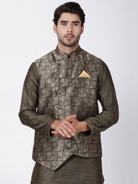 Ethniqndia Men's Black and Golden Cotton Silk Blend Ethnic Jacket