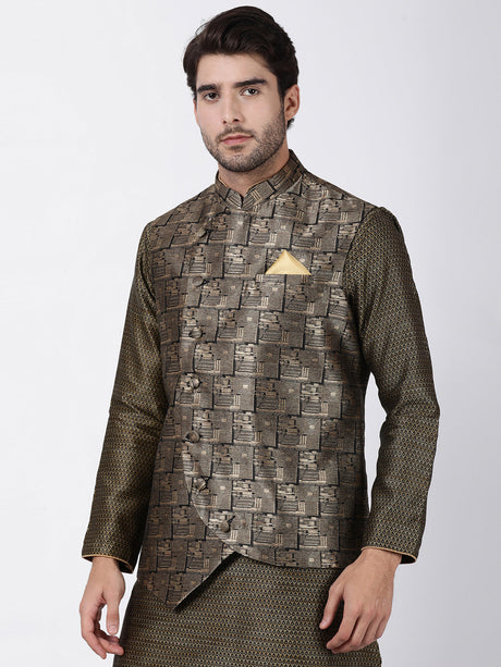 Ethniqndia Men's Black and Golden Cotton Silk Blend Ethnic Jacket