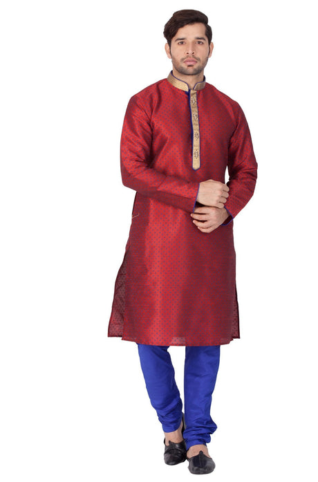 Ethniqndia Men's Maroon Cotton Silk Blend Kurta and Pyjama Set