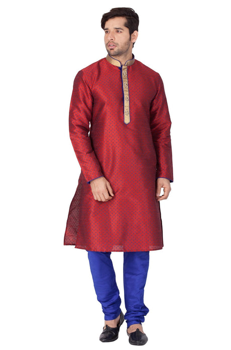 Ethniqndia Men's Maroon Cotton Silk Blend Kurta and Pyjama Set