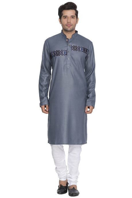 Ethniqndia Men's Grey Cotton Blend Kurta and Pyjama Set