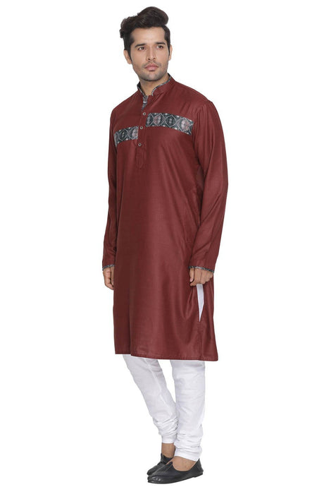 Ethniqndia Men's Maroon Color Cotton Blend Kurta and Pyjama Set