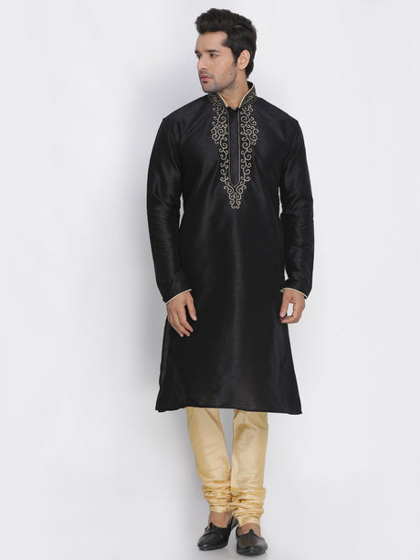 Ethniqndia Men's Black Cotton Silk Blend Kurta and Pyjama Set