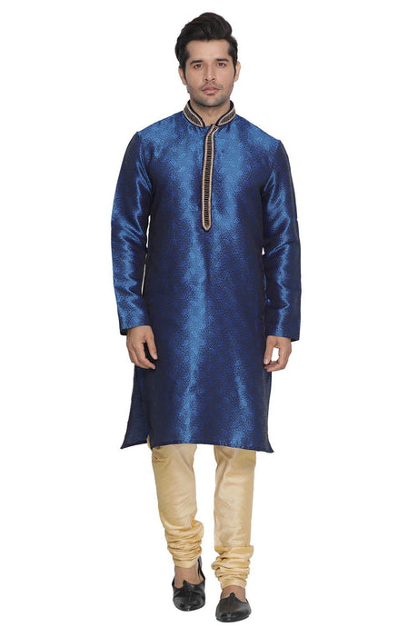 Ethniqndia Men's Blue Cotton Silk Blend Kurta and Pyjama Set