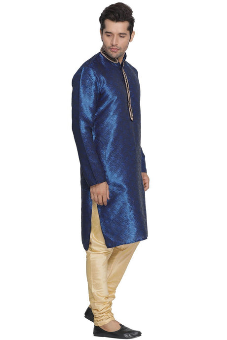 Ethniqndia Men's Blue Cotton Silk Blend Kurta and Pyjama Set