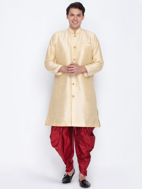 Ethniqndia Men's Gold Cotton Silk Blend Sherwani Set