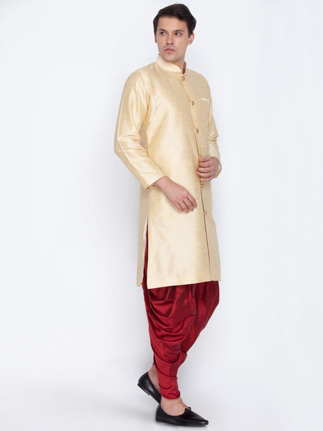 Ethniqndia Men's Gold Cotton Silk Blend Sherwani Set