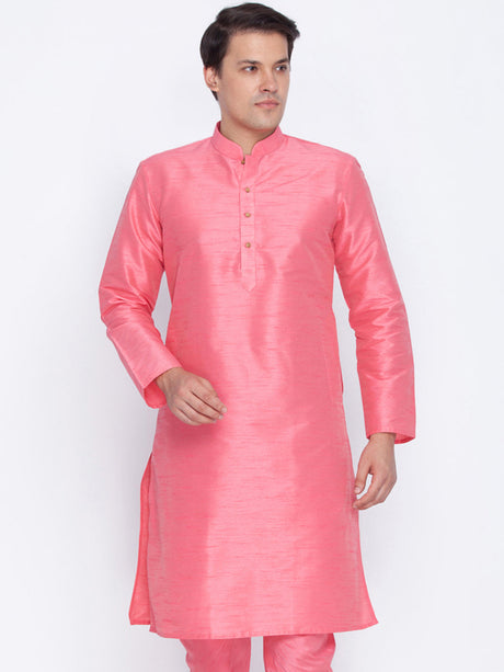 VM BY Ethniqndia Men's Pink Cotton Silk Blend Kurta