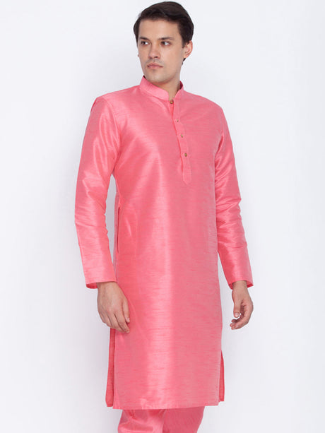 VM BY Ethniqndia Men's Pink Cotton Silk Blend Kurta