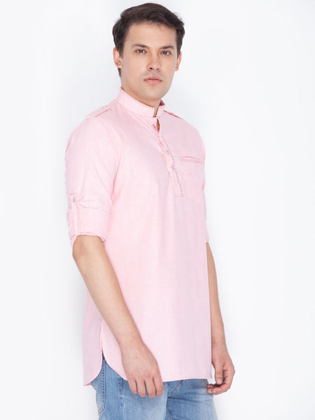 Men's Pink Cotton Short Kurta