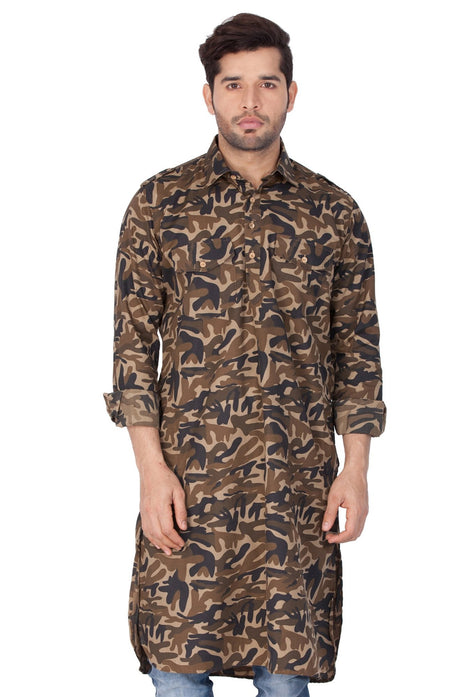 Ethniqndia Men's Green camouflage Cotton Pathani Kurta