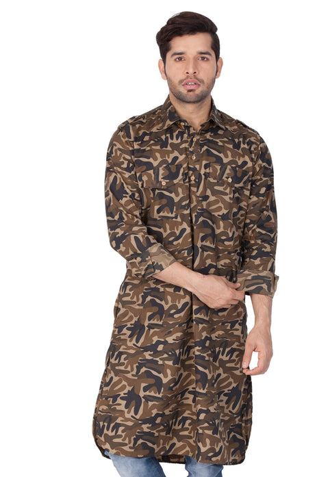 Ethniqndia Men's Green camouflage Cotton Pathani Kurta