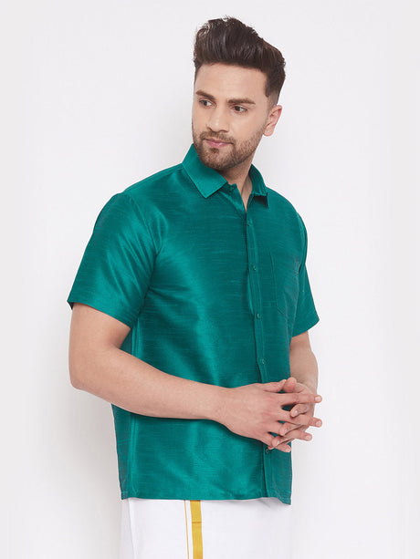 VM By Ethniqndia Men's Green Silk Blend Ethnic Shirt