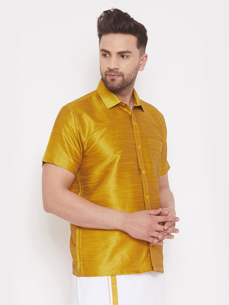 VM By Ethniqndia Men's Mustard Silk Blend Ethnic Shirt