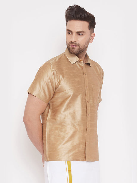 VM By Ethniqndia Men's Gold Silk Blend Ethnic Shirt