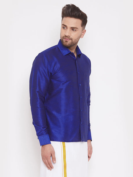 Ethniqndia Men's Blue Silk Blend Ethnic Shirt