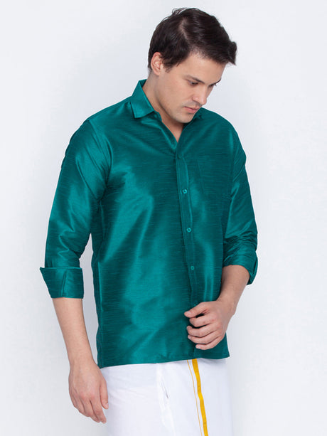 VM By Ethniqndia Men's Green Silk Blend Ethnic Shirt