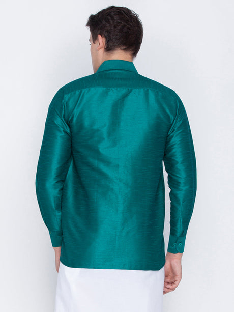 VM By Ethniqndia Men's Green Silk Blend Ethnic Shirt