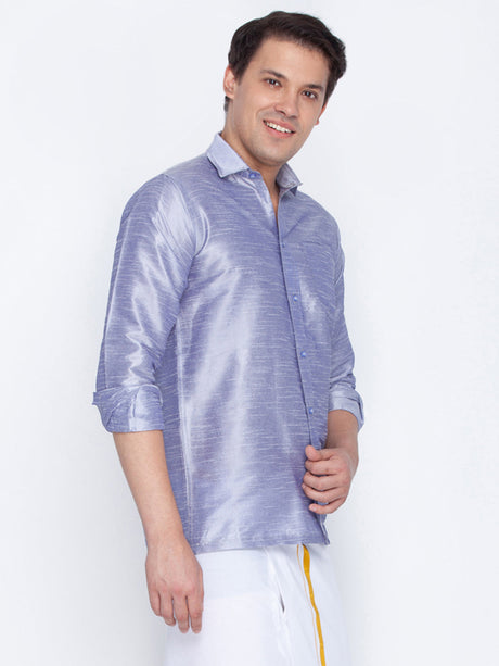 Ethniqndia Men's Light Blue Silk Blend Ethnic Shirt