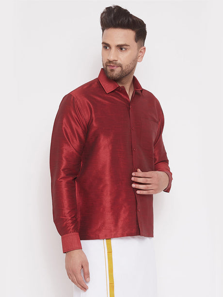 VM By Ethniqndia Men's Maroon Silk Blend Ethnic Shirt