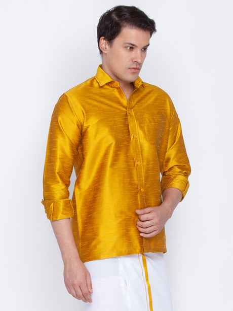 VM By Ethniqndia Men's Mustard Silk Blend Ethnic Shirt