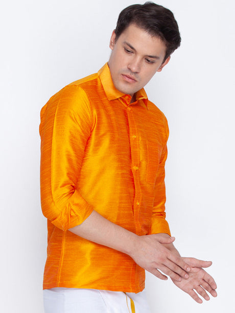 VM By Ethniqndia Men's Orange Silk Blend Ethnic Shirt