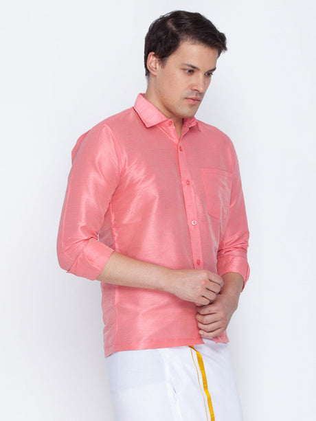 VM By Ethniqndia Men's Pink Silk Blend Ethnic Shirt